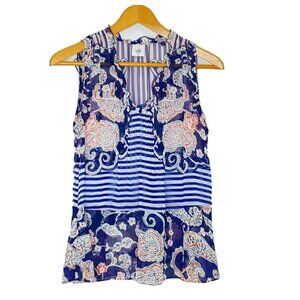 Cabi Women's size XS Sleeveless Sheer V Neck Tank Top Navy Blue Paisley Stripes